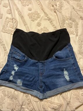 High-Waist Maternity Denim Shorts with Black Support Panel - Blue